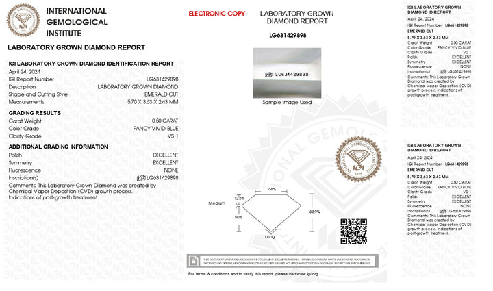 IGI certificeret 0,50 ct smaragdskåret lab -dyrket diamant - Fancy levende blå farve, VS1 klarhed