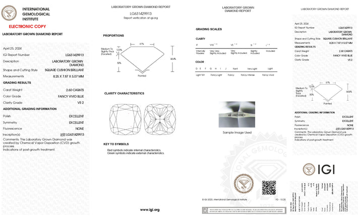 IGI Certified 2.60 Carat Cushion Cut Lab-Grown Diamond - Fancy Vivid Blue Color, VS2 Clarity