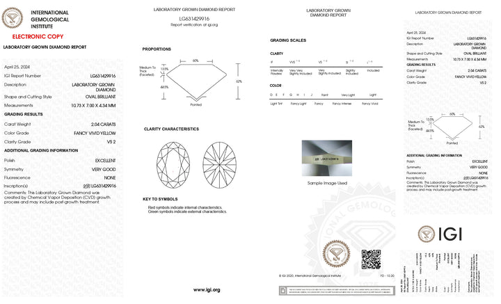 IGI-zertifizierter 2,04-karätiger, im Ovalschliff hergestellter, im Labor gezüchteter Diamant (ausgefallene, leuchtend gelbe Farbe, Reinheit VS2)