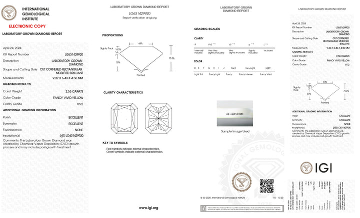 Radiant Cut Lab-Grown Diamond: IGI Certified 2.55 CT, VS2 Clarity, Fancy Vivid Yellow Color