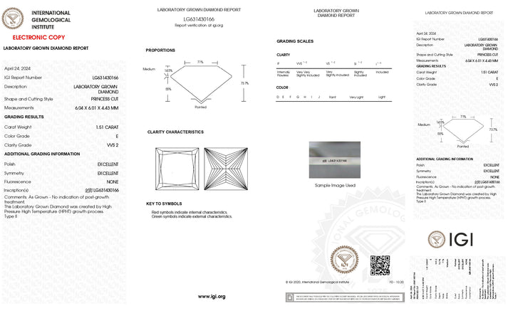 Diamant cultivé en laboratoire certifié IGI 1,51 CT taille princesse - Clarté VVS2, couleur E