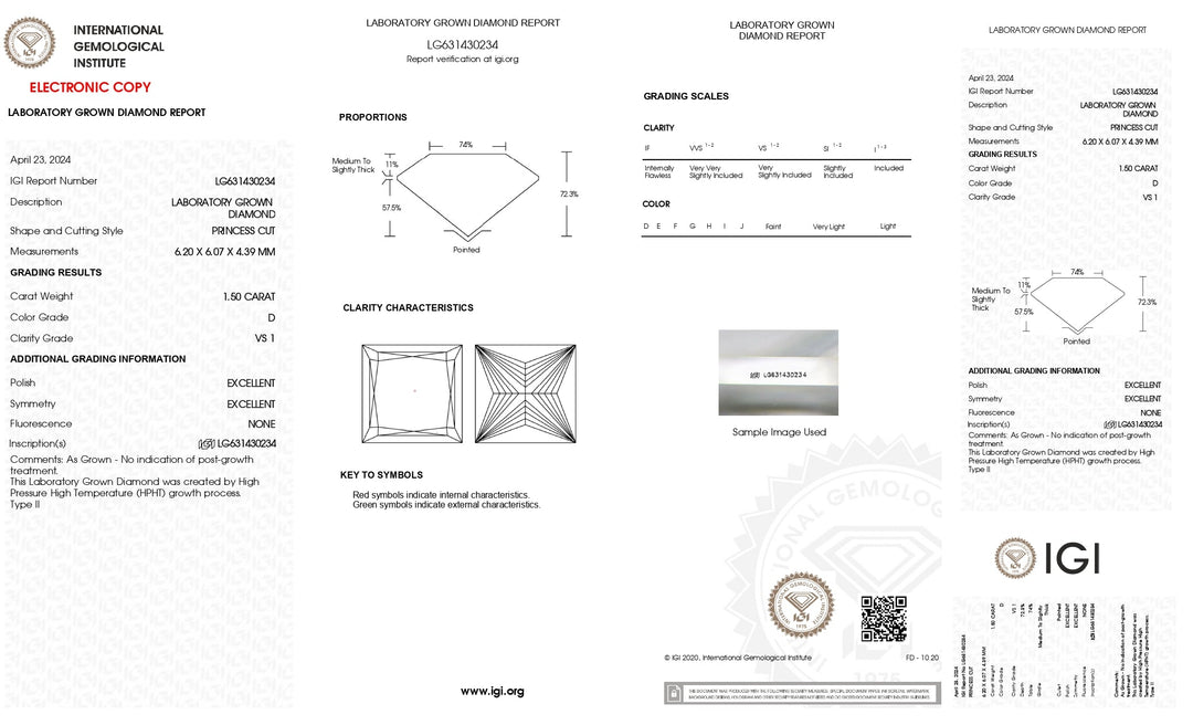 Diamant cultivé en laboratoire certifié IGI 1,50 CT taille princesse - couleur D, qualité de clarté VS1