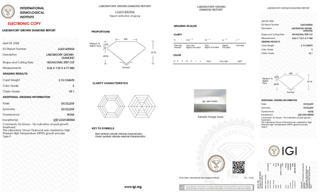 IGI-zertifizierter 2,15 Karat schwerer, im Labor gezüchteter Diamant, Hexagonalschliff, Farbe E, Reinheit VS1