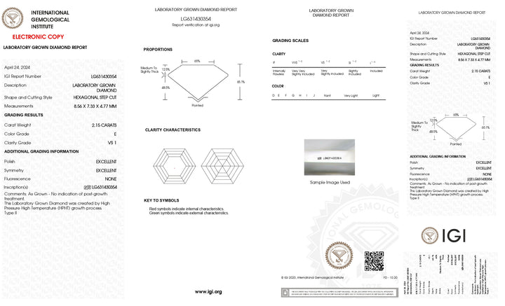 IGI Certified 2.15 CT Lab Grown Diamond, Hexagonal Cut, E Color, VS1 Clarity