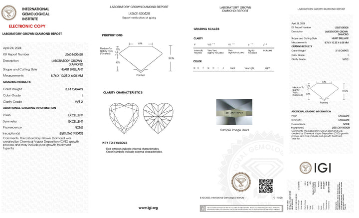 Diamant cultivé en laboratoire, taille cœur, certifié IGI, 3,14 ct, couleur I, clarté VVS2