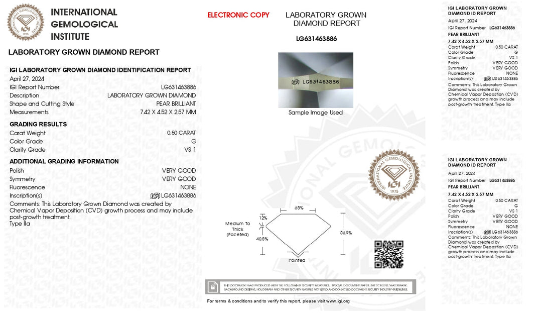 IGI sertifikalı 0.50 ct armut kesim laboratuvar yetiştirilen elmas - g renk, vs1 berraklık derecesi