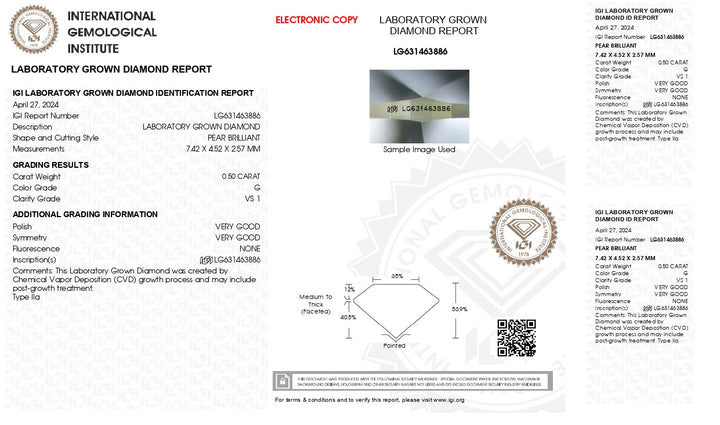 IGI -sertifisert 0,50 CT Pear Cut Lab -dyrket diamant - G farge, VS1 klarhetsgrad