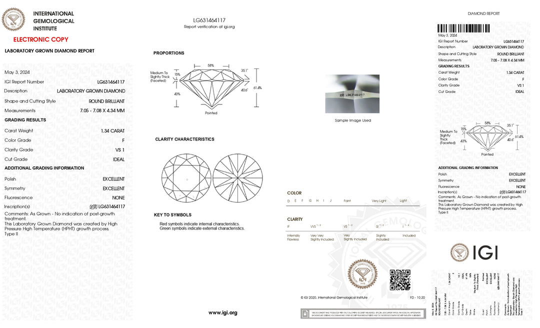 IGI Certified 1.34 CT Round Lab-Grown Diamond – F Color, VS1 Clarity, Ideal Cut