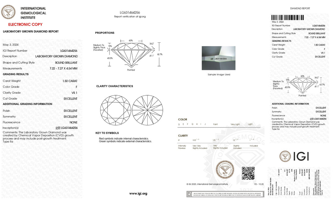 Блестящий блеск: сертифицированный IGI 1,50 CT Round Cut Lab Lab Grown Diamond | F цвет | VS1 ясность