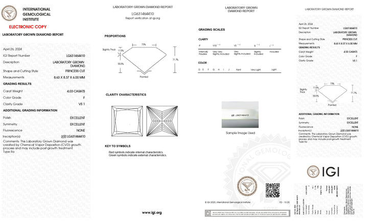 IGI-zertifizierter 4,03 Karat schwerer, im Prinzessschliff gefertigter Labordiamant – Reinheit VS1, Farbe F