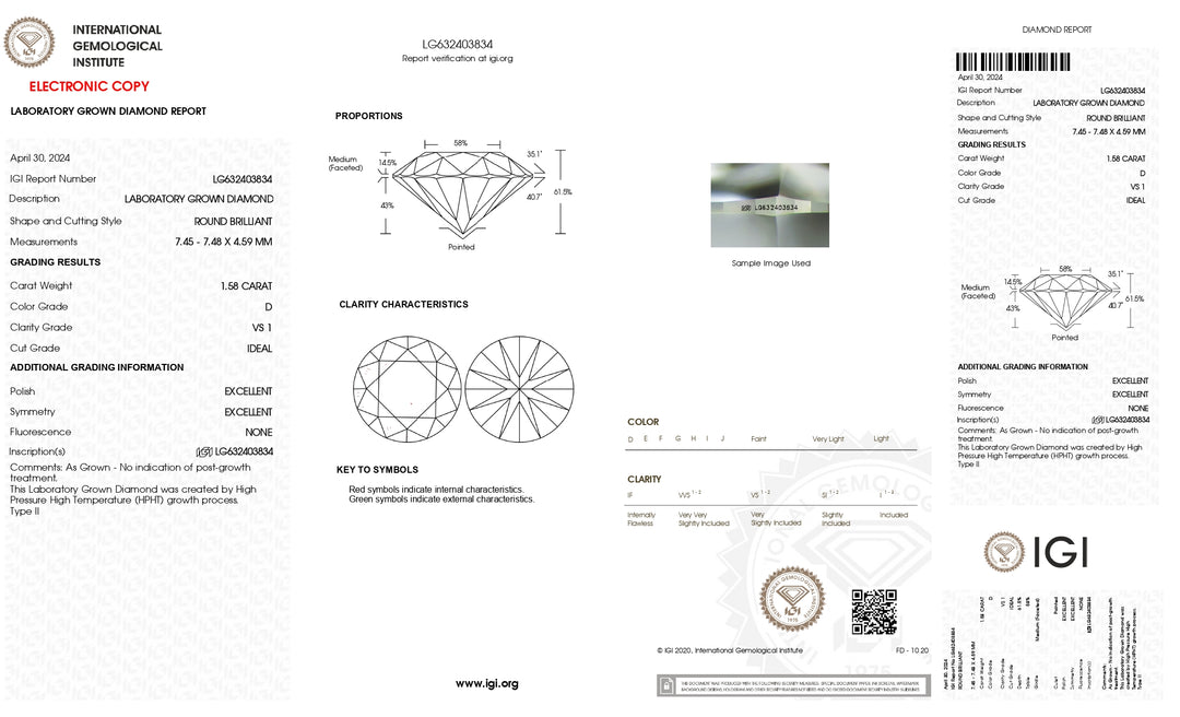 Diamant rond de 1,58 ct cultivé en laboratoire certifié IGI – Couleur D, pureté VS1, taille idéale