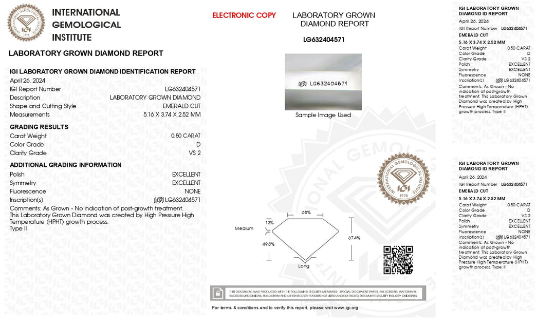 Diamante coltivato da laboratorio di laboratorio CT certificato IGI - VS2 CLARITY, DOURITY D