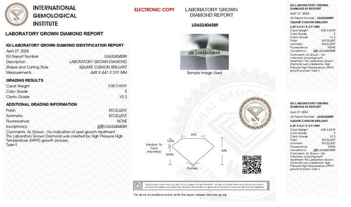 IGI Sertifikalı 0.50 CT Yastık Kesme Laboratuvarı Grown Diamond - E Renk, VS2 Clarity