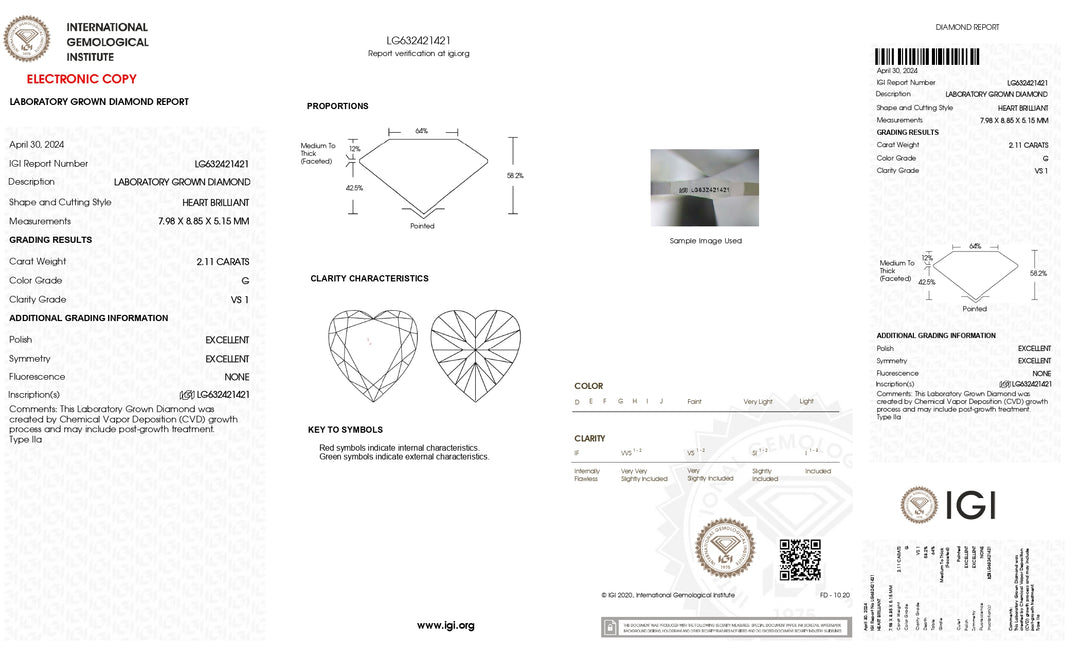 Diamant cultivé en laboratoire certifié IGI 2,11 CT, taille cœur, couleur G, clarté VS1