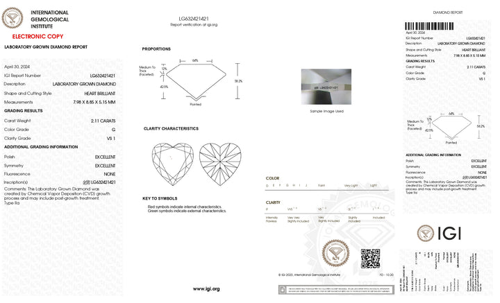 Diamant cultivé en laboratoire certifié IGI 2,11 CT, taille cœur, couleur G, clarté VS1