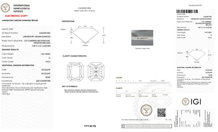 IGI Certified 1.82 CT Lab-Grown Radiant Cut Diamond - G Color, VVS2 Clarity