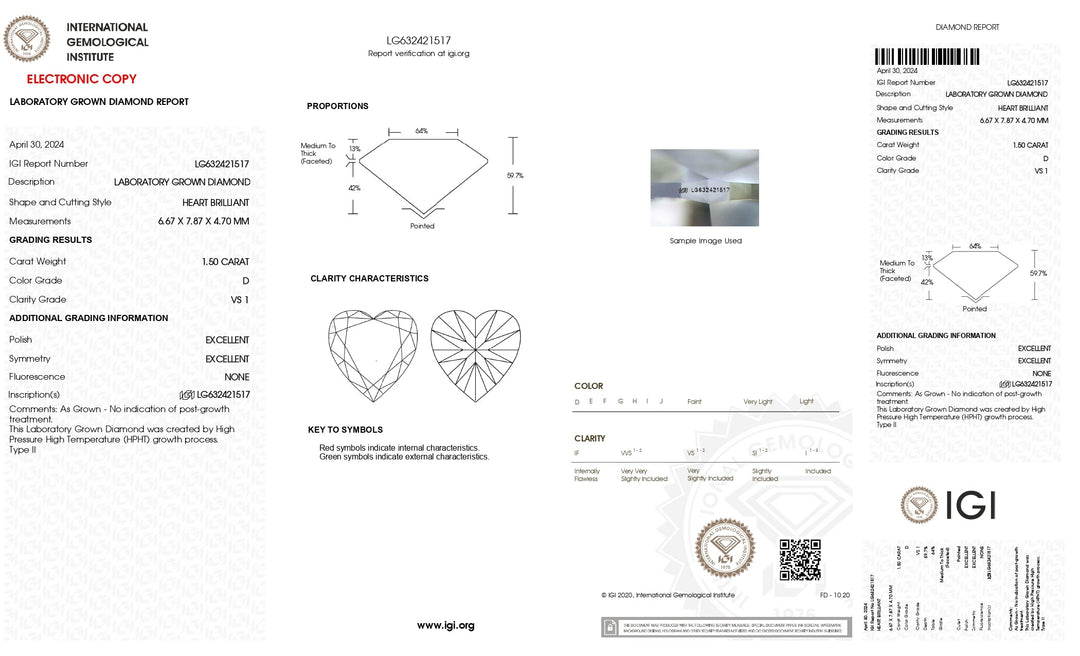 Diamant cultivé en laboratoire, taille cœur, certifié IGI, 1,50 ct (VS1, couleur D)