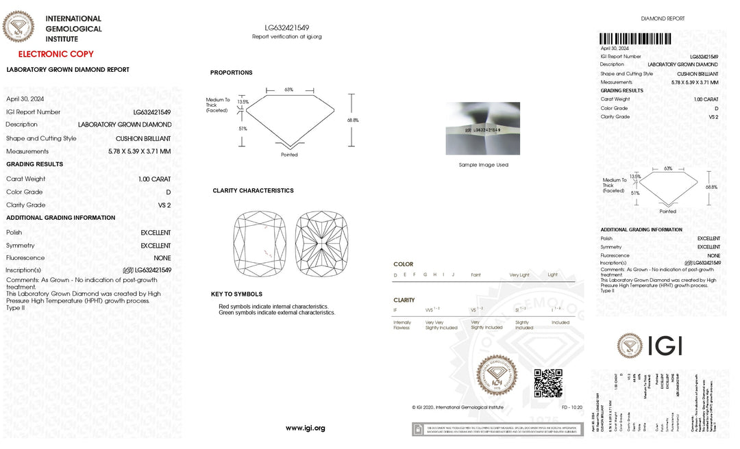 IGI Certified 1.00 CT Cushion Cut Lab-Grown Diamond - D Color, VS2 Clarity