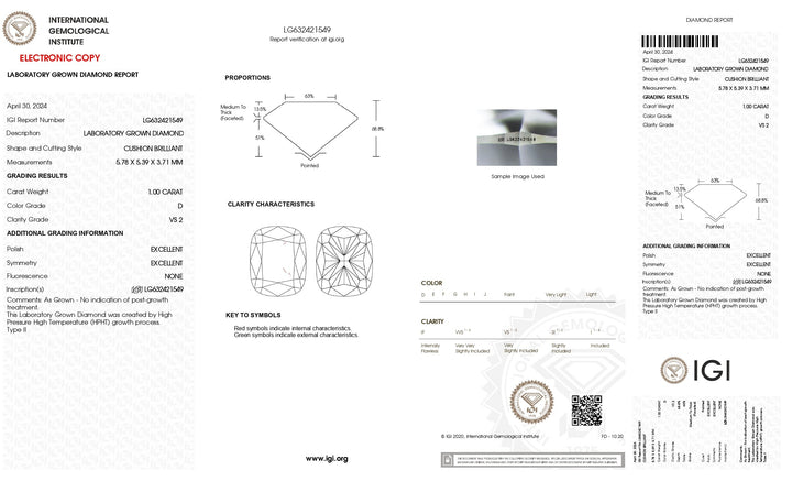 IGI Certified 1.00 CT Cushion Cut Lab-Grown Diamond - D Color, VS2 Clarity