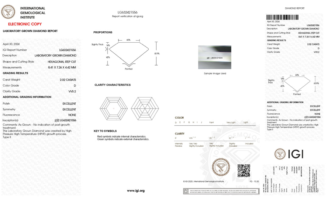 Diamant cultivé en laboratoire de 2,02 carats de taille hexagonale certifié IGI - VVS2, couleur D