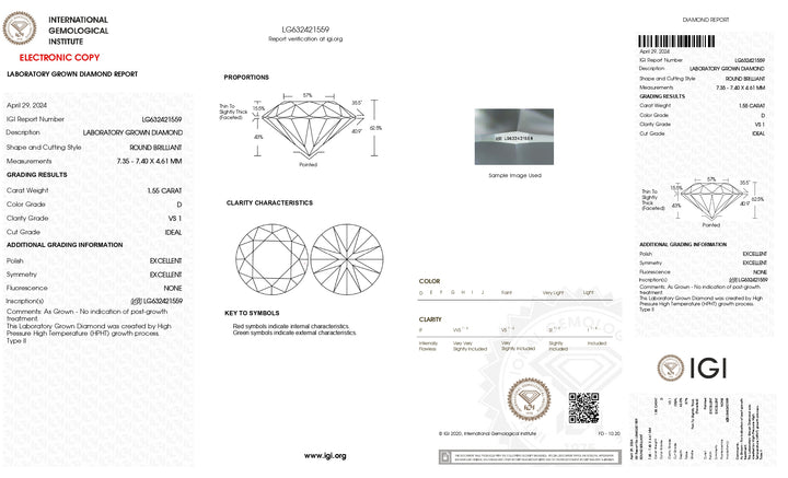 IGI Certified 1.55 CT Round Cut Lab-Grown Diamond - D Color, VS1 Clarity, Ideal Cut