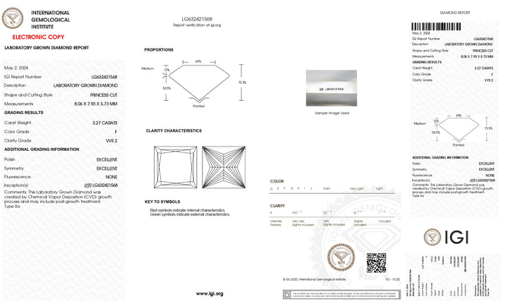 IGI Certified 3.27 CT Princess Cut Lab-Grown Diamond - VVS2 Clarity, F Color