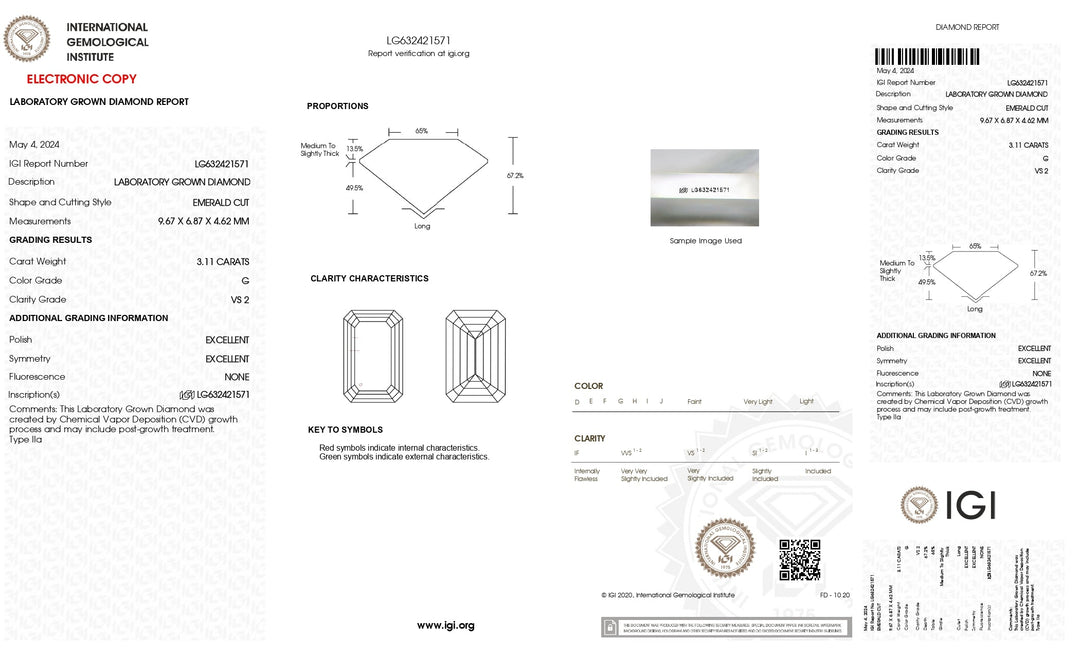 IGI Certified 3.11 CT Emerald Cut Lab Grown Diamond - G Color, VS2 Clarity