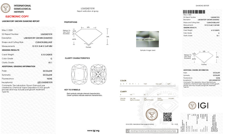 Diamant cultivé en laboratoire certifié IGI 4,10 CT long taille coussin | Clarté VS1 | Couleur G