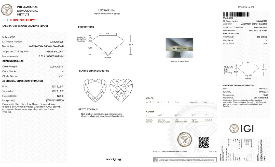 Diamant cultivé en laboratoire certifié IGI 3,08 CT taille cœur - Couleur H, clarté VS1