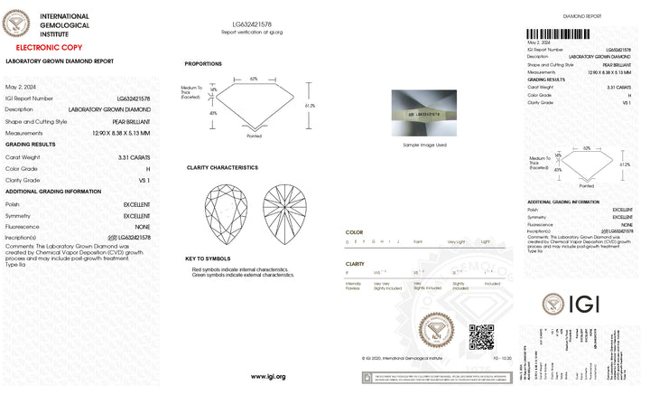 Diamant cultivé en laboratoire certifié IGI 3,31 CT taille poire - Clarté VS1, couleur H