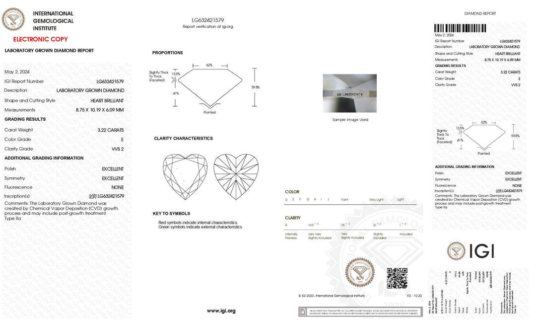 IGI Certified 3.22 CT Heart-Cut Lab-Grown Diamond - E Color, VVS2 Clarity