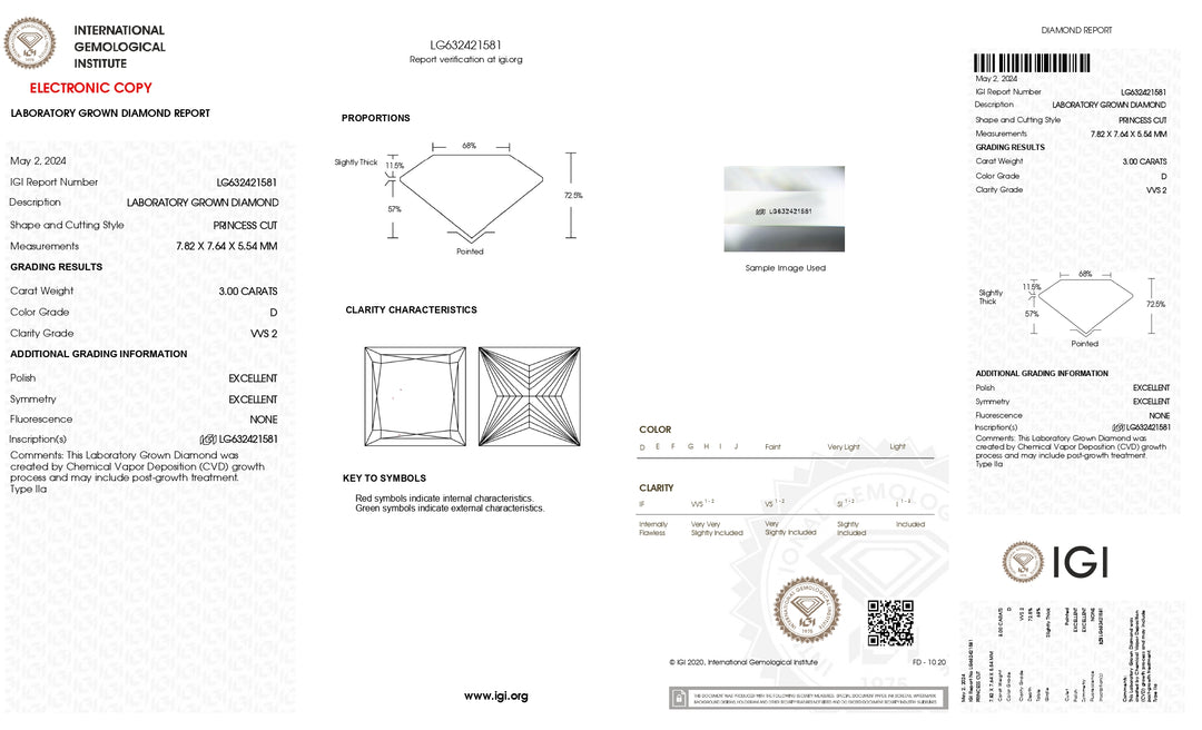 IGI-zertifizierter, im Labor gezüchteter Diamant im Prinzessschliff (3,00 Karat) – Farbe D, Reinheit VVS2