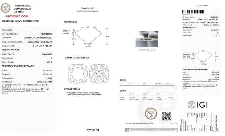 Diamant cultivé en laboratoire certifié IGI 1,00 CT taille coussin - Couleur D, clarté VVS2