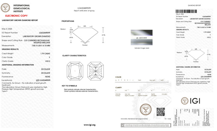 IGI Certified 1.79 CT Lab-Grown Radiant Cut Diamond - F Color, VVS2 Clarity