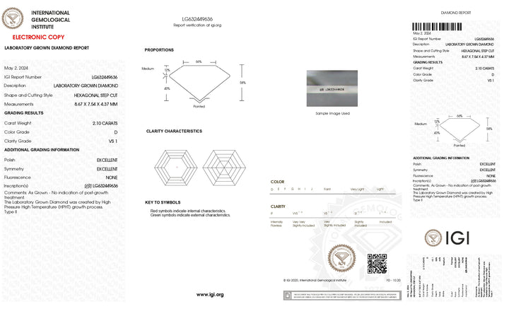 IGI-zertifizierter 2,10 Karat schwerer, im Labor gezüchteter Diamant, Hexagonalschliff, Farbe D, Reinheit VS1