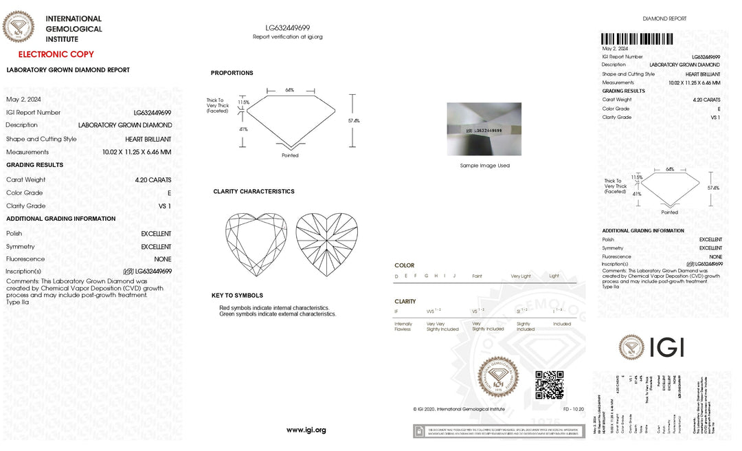 Diamant cultivé en laboratoire, taille cœur, certifié IGI, 4,20 ct, couleur E, clarté VS1