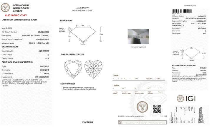 Diamant cultivé en laboratoire, taille cœur, certifié IGI, 4,20 ct, couleur E, clarté VS1