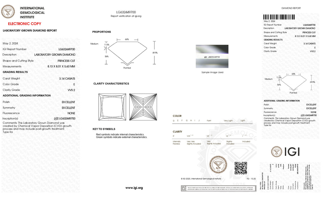 Impressive IGI Certified 3.14 CT Princess Cut Lab Grown Diamond - VVS2 Clarity, Color Grade E