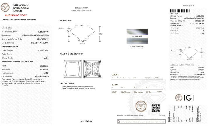 Impressive IGI Certified 3.14 CT Princess Cut Lab Grown Diamond - VVS2 Clarity, Color Grade E