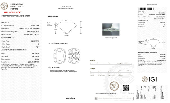 IGI-zertifizierter 3,21 Karat langer, im Kissenschliff gewachsener Diamant im Laborstil | Farbe G, Reinheit VS1