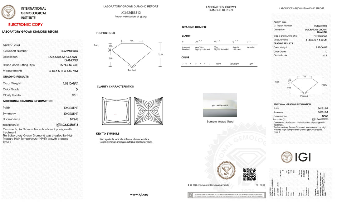 IGI Certified 1.55 CT Princess Cut Lab-Grown Diamond - VS1 Clarity, D Color