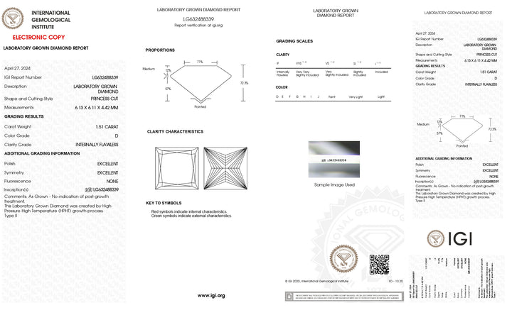 IGI-zertifizierter, im Labor gezüchteter Diamant im Prinzessschliff (1,51 Karat) | IF-Klarheit | Farbe D