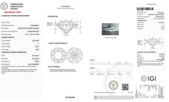 Diamant cultivé en laboratoire de taille ronde de 1,50 ct certifié IGI - Couleur F, clarté VVS2