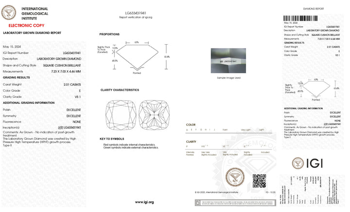 Diamant cultivé en laboratoire certifié IGI 2,01 CT taille coussin - Clarté VS1, couleur E