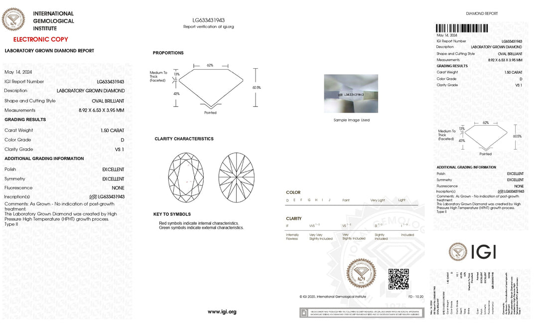 Diamant ovale cultivé en laboratoire de 1,50 CT certifié IGI : clarté VS1, couleur D