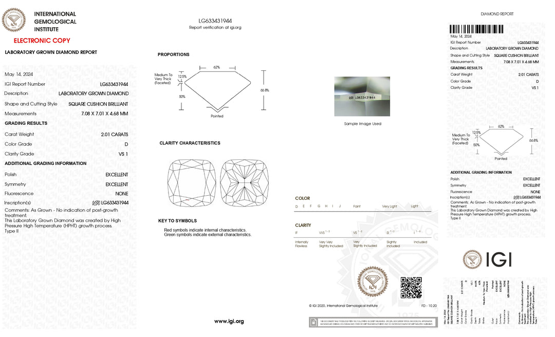 Diamant cultivé en laboratoire, taille coussin, certifié IGI, 2,01 CT, couleur D, clarté VS1