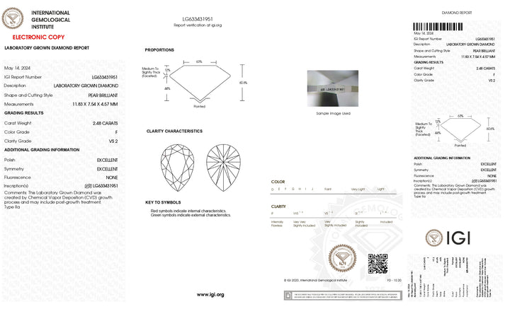 Diamant cultivé en laboratoire, taille poire, 2,48 ct, certifié IGI, clarté VS2, couleur F