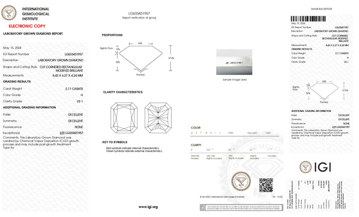 IGI Certified 2.11 CT Radiant Cut Lab-Grown Diamond, VS1 Clarity, H Color