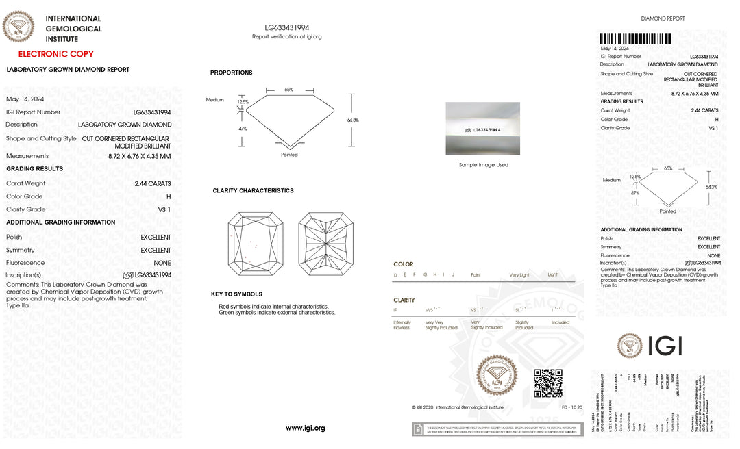 IGI Certified 2.44 CT Radiant Cut Lab-Grown Diamond, VS1, H Color