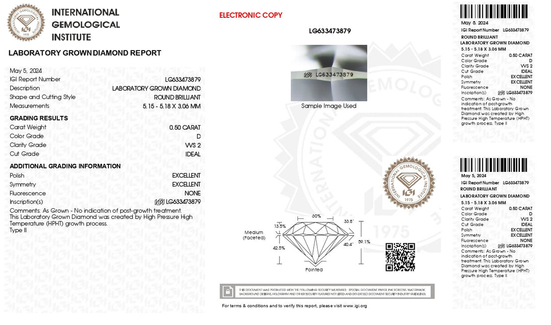 IGI certificeret 0,50 ct runde lab dyrket diamant - VVS2 klarhed, d farve